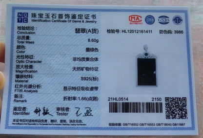 Silver 925 Certified 100% Natural A JADE Jadeite pendant Black Green Rectangle Necklace 墨翠 522868  **include 18 inches metal Chain** The small diamonds is  Diamond (Imitation) TN