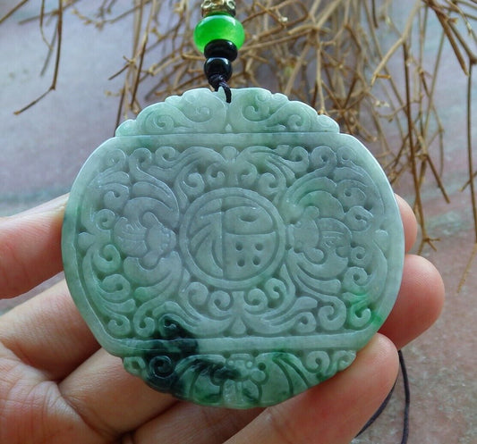 Certified Green Pale Lavender 100% Burma Natural A Jade jadeite Pendant Bat Dragon Flower Coin Ruyi Necklace 龙蝙蝠 522908 TN