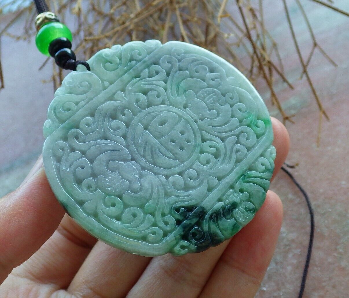 Certified Green Pale Lavender 100% Burma Natural A Jade jadeite Pendant Bat Dragon Flower Coin Ruyi Necklace 龙蝙蝠 522908 TN