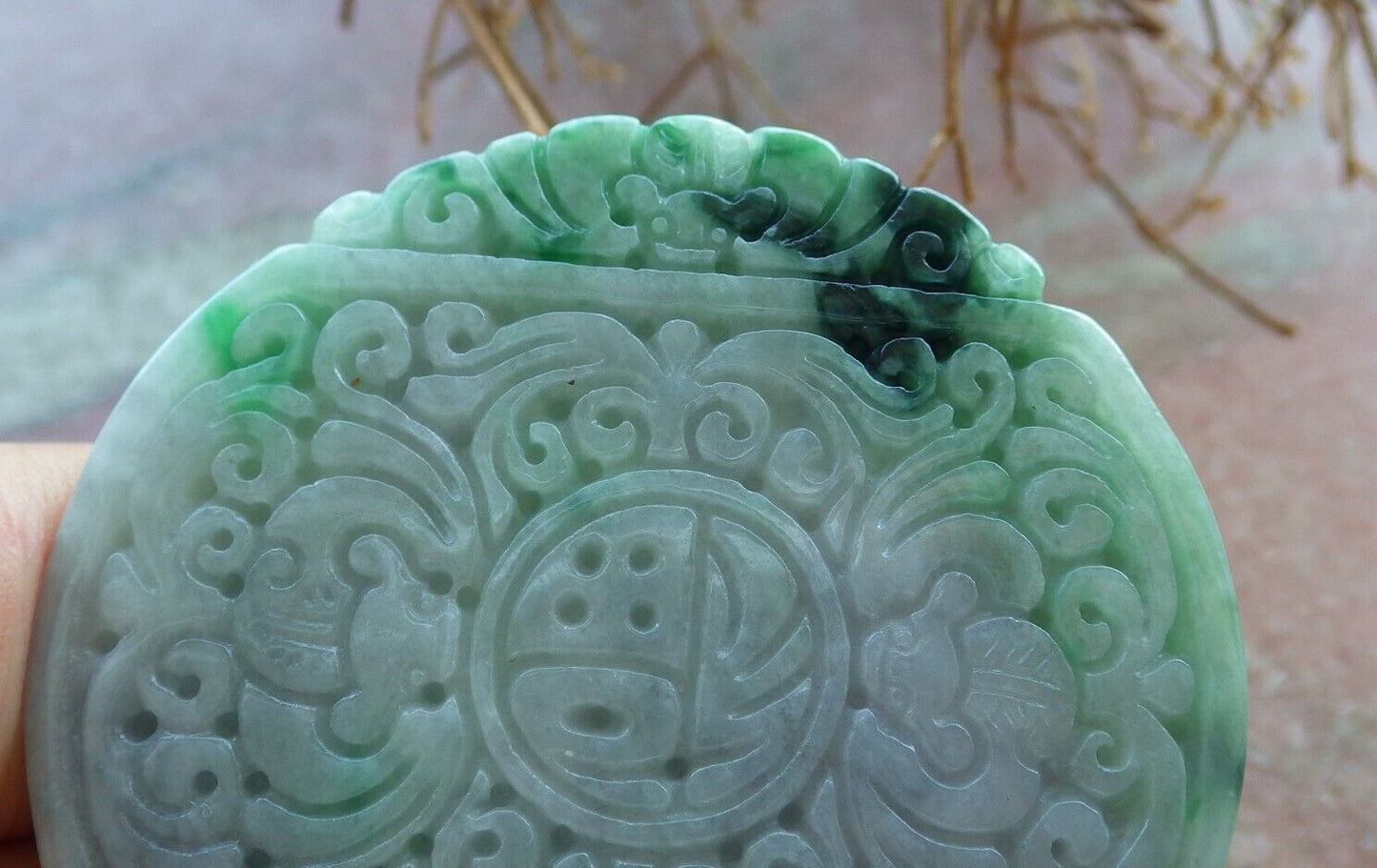 Certified Green Pale Lavender 100% Burma Natural A Jade jadeite Pendant Bat Dragon Flower Coin Ruyi Necklace 龙蝙蝠 522908 TN