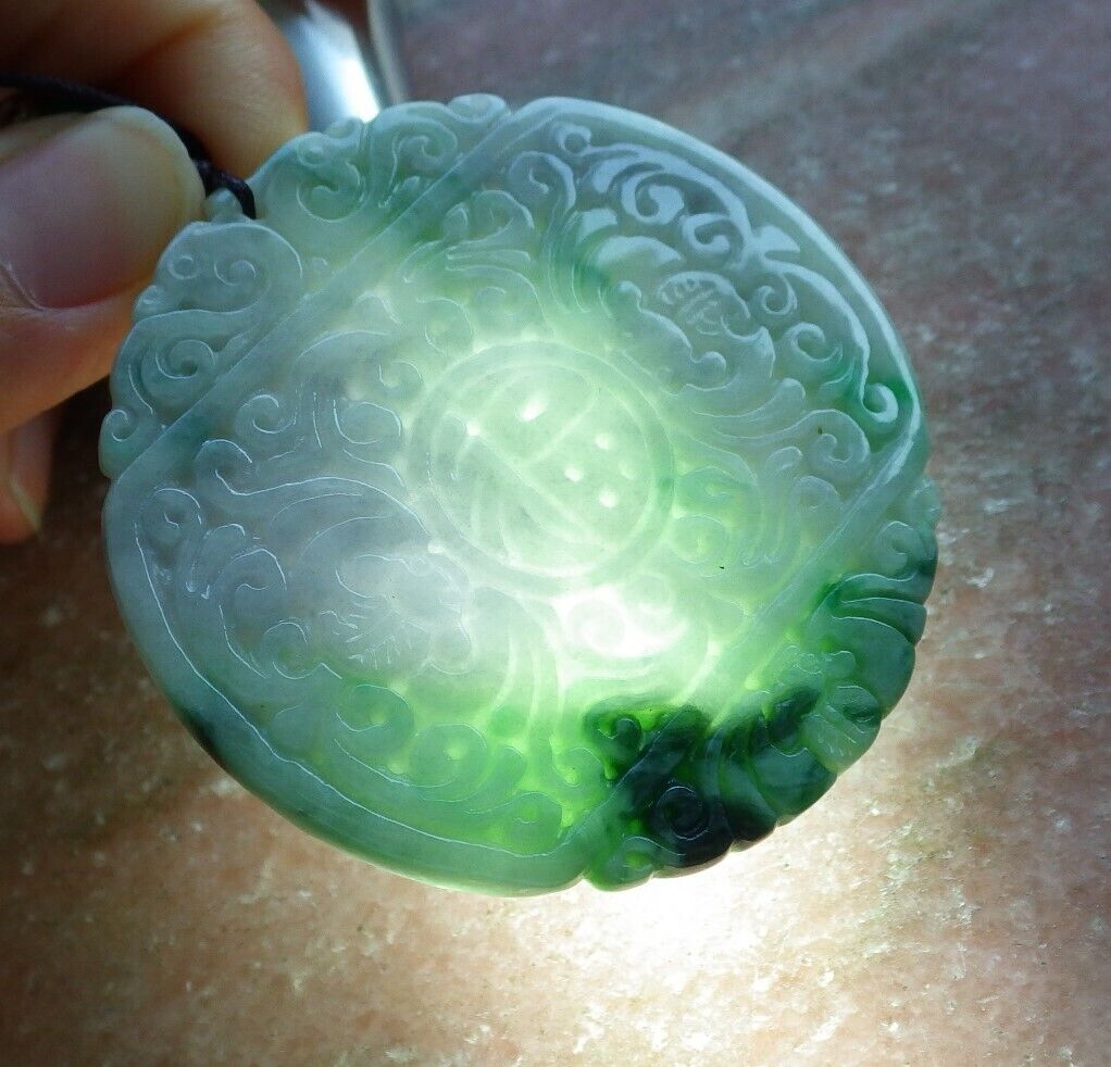 Certified Green Pale Lavender 100% Burma Natural A Jade jadeite Pendant Bat Dragon Flower Coin Ruyi Necklace 龙蝙蝠 522908 TN