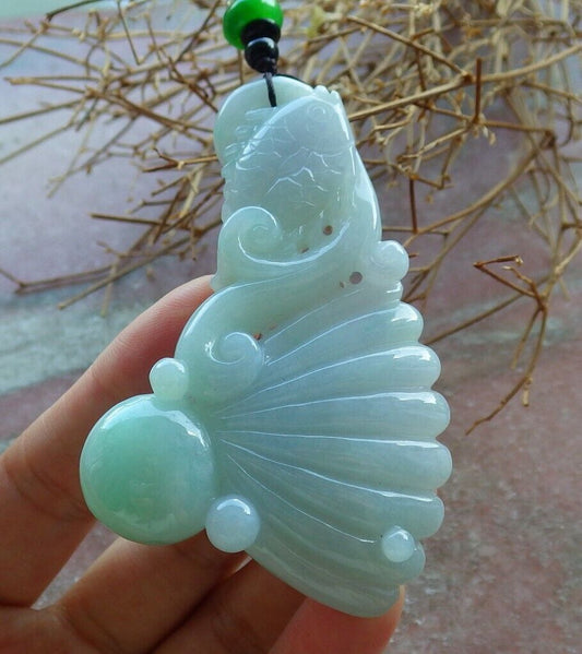 Certified Green Pale Lavender 100% Burma Natural A Jade jadeite Pendant Fish Sea Shell Bead Necklace 522948 TN