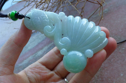 Certified Green Pale Lavender 100% Burma Natural A Jade jadeite Pendant Fish Sea Shell Bead Necklace 522948 TN