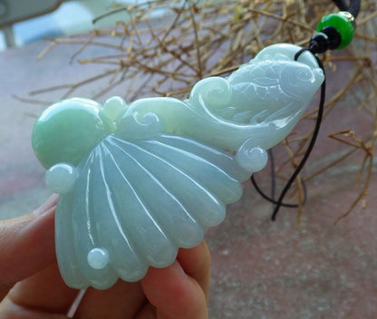 Certified Green Pale Lavender 100% Burma Natural A Jade jadeite Pendant Fish Sea Shell Bead Necklace 522948 TN