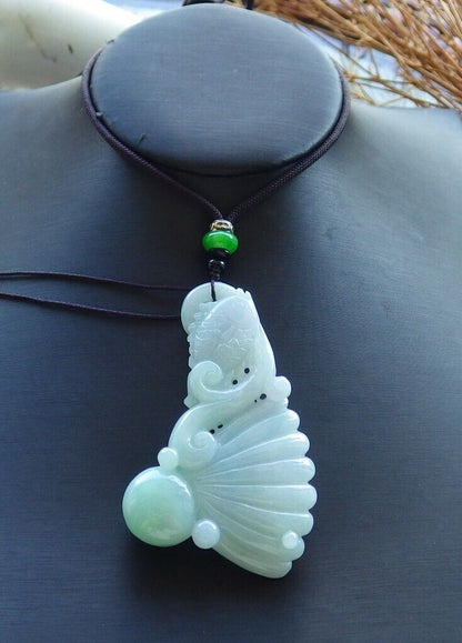 Certified Green Pale Lavender 100% Burma Natural A Jade jadeite Pendant Fish Sea Shell Bead Necklace 522948 TN