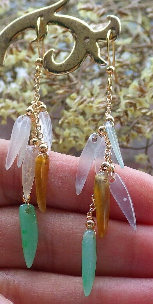 14K Gold Filled Green Yellow Icy White Natural A Jade jadeite Chili Earrings Bead Earring Dangle 耳环 523060 TN