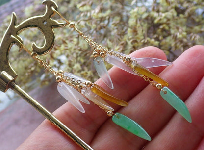 14K Gold Filled Green Yellow Icy White Natural A Jade jadeite Chili Earrings Bead Earring Dangle 耳环 523060 TN