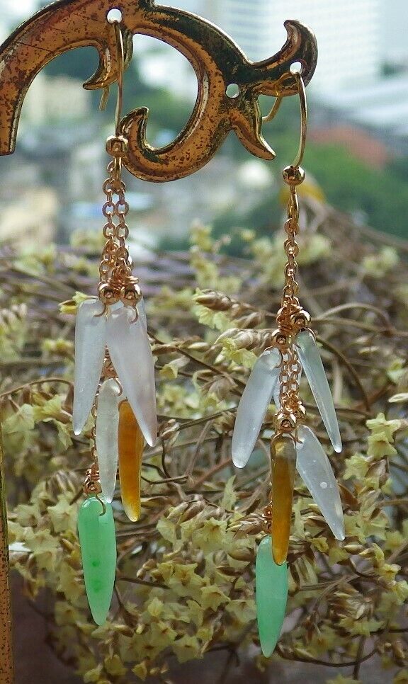 14K Gold Filled Green Yellow Icy White Natural A Jade jadeite Chili Earrings Bead Earring Dangle 耳环 523060 TN