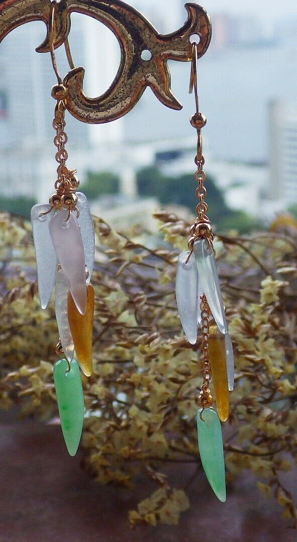 14K Gold Filled Green Yellow Icy White Natural A Jade jadeite Chili Earrings Bead Earring Dangle 耳环 523060 TN