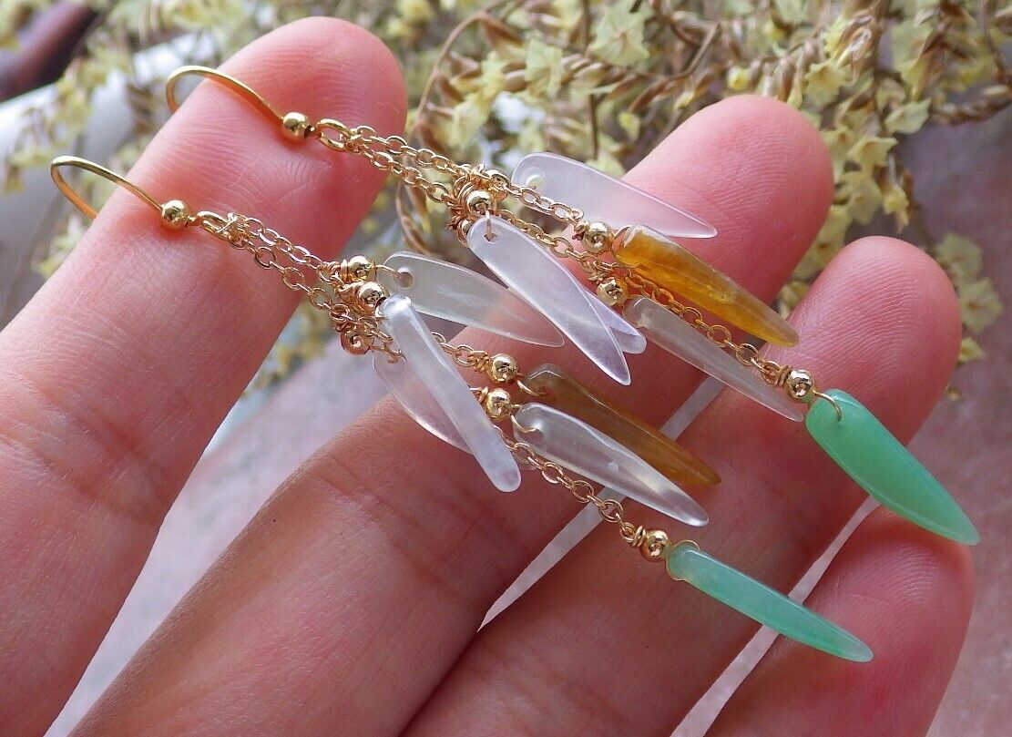 14K Gold Filled Green Yellow Icy White Natural A Jade jadeite Chili Earrings Bead Earring Dangle 耳环 523060 TN