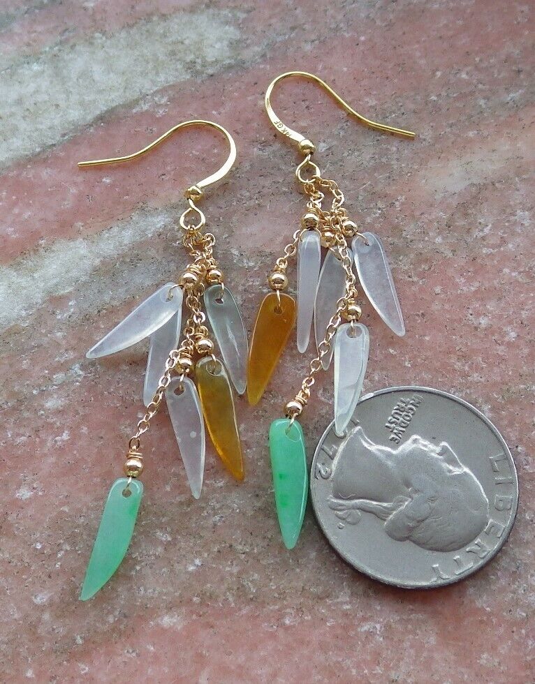 14K Gold Filled Green Yellow Icy White Natural A Jade jadeite Chili Earrings Bead Earring Dangle 耳环 523060 TN