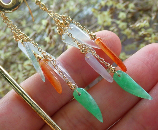 14K Gold Filled Green Red Icy White Natural A Jade jadeite Chili Earrings Bead Earring Dangle 耳环 523107 TN
