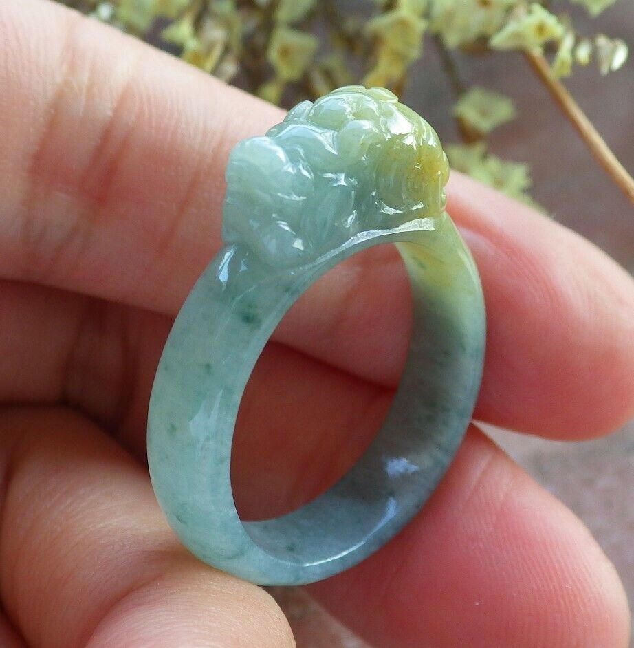 Certified Icy Yellow Green 100% Burma Natural A JADE Jadeite Dragon Pi Xiu RING USA. 9 戒指 523151 TN