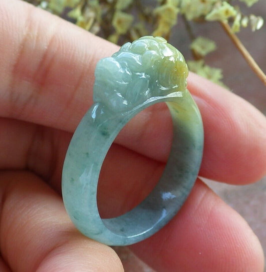 Certified Icy Yellow Green 100% Burma Natural A JADE Jadeite Dragon Pi Xiu RING USA. 9 戒指 523151 TN