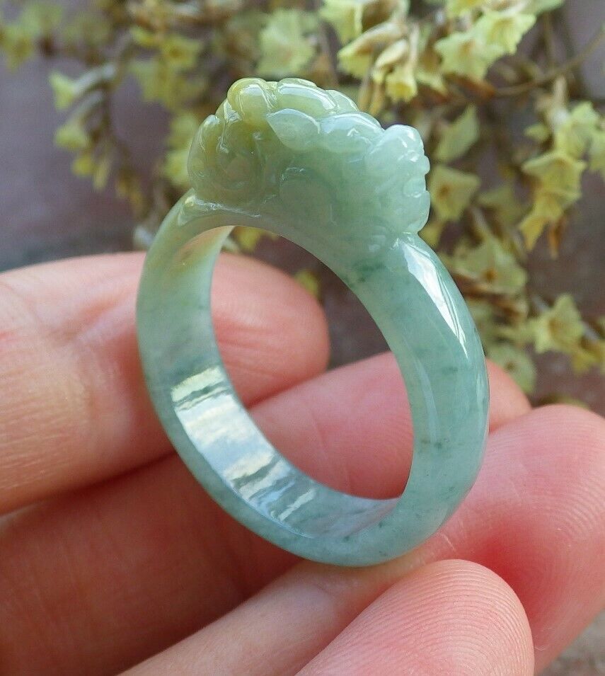 Certified Icy Yellow Green 100% Burma Natural A JADE Jadeite Dragon Pi Xiu RING USA. 9 戒指 523151 TN