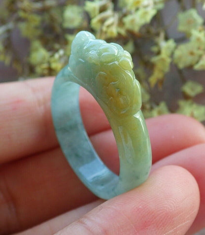 Certified Icy Yellow Green 100% Burma Natural A JADE Jadeite Dragon Pi Xiu RING USA. 9 戒指 523151 TN