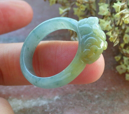 Certified Green Yellow 100% Burma Natural A JADE Jadeite Dragon Pi Xiu RING USA. 8.75 风水貔貅戒指 523166 TN