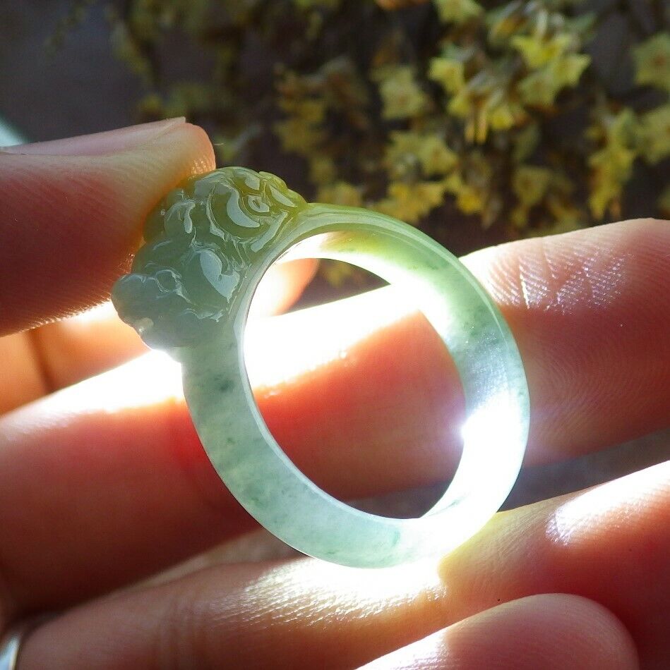 Certified Icy Yellow Green 100% Burma Natural A JADE Jadeite Dragon Pi Xiu RING USA. 9 戒指 523151 TN