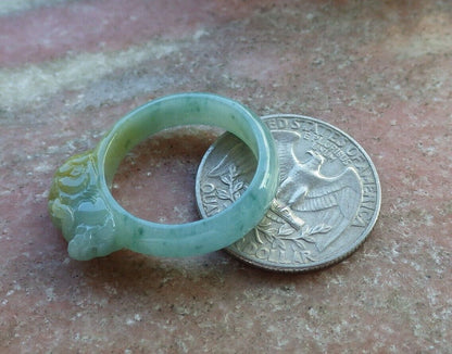 Certified Green Yellow 100% Burma Natural A JADE Jadeite Dragon Pi Xiu RING USA. 8.75 风水貔貅戒指 523166 TN