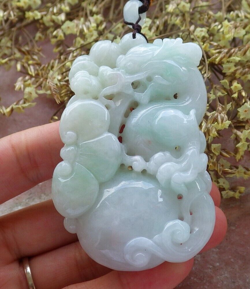 Certified Green 100% Burma Natural A Jade jadeite Pendant Dragon Lotus Flower Ruyi Coin Necklace 生意兴隆 523188 TN