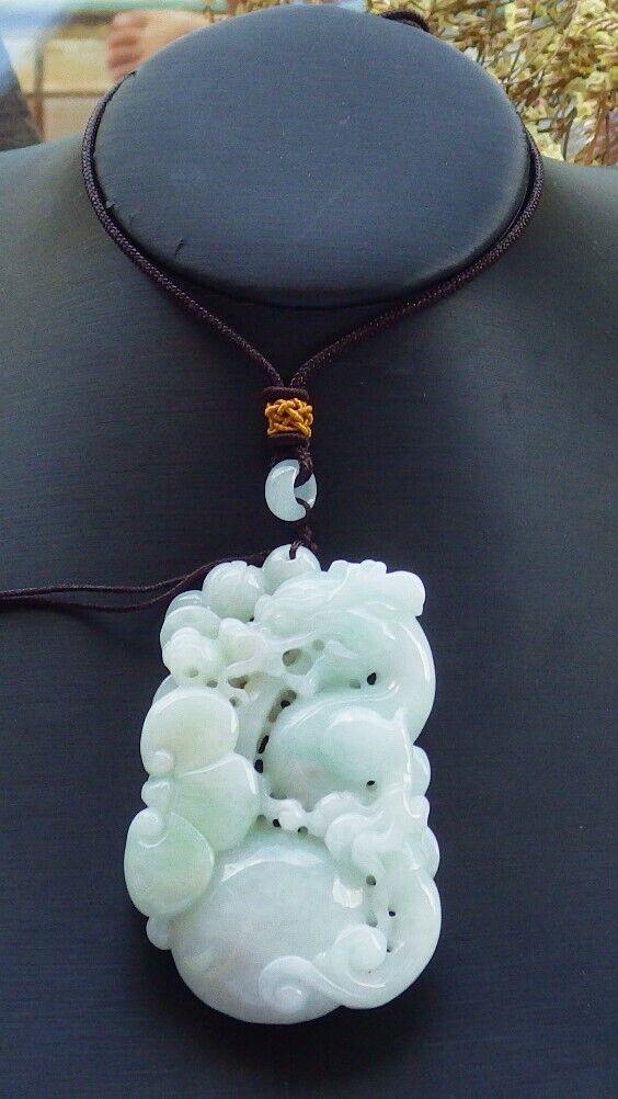 Certified Green 100% Burma Natural A Jade jadeite Pendant Dragon Lotus Flower Ruyi Coin Necklace 生意兴隆 523188 TN