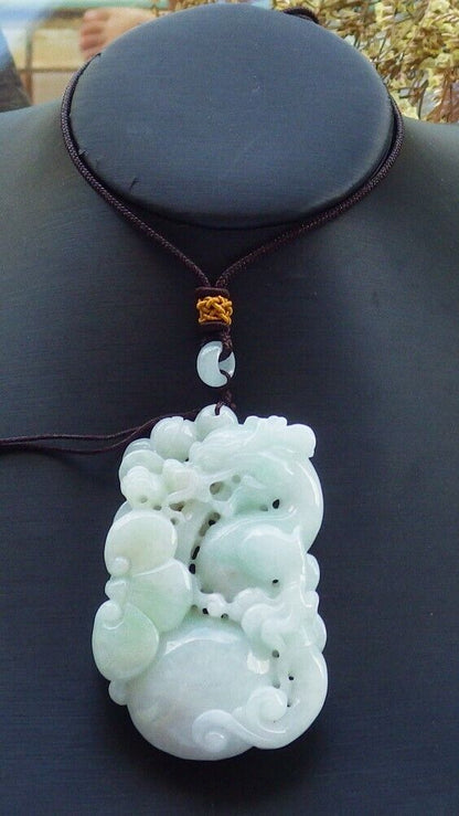 Certified Green 100% Burma Natural A Jade jadeite Pendant Dragon Lotus Flower Ruyi Coin Necklace 生意兴隆 523188 TN