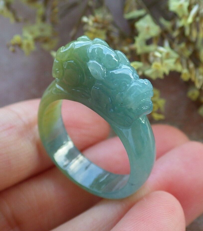 Certified Icy Green Yellow 100% Burma Natural A JADE Jadeite Dragon Pi Xiu RING USA. 8.75 风水貔貅戒指 523196 TN