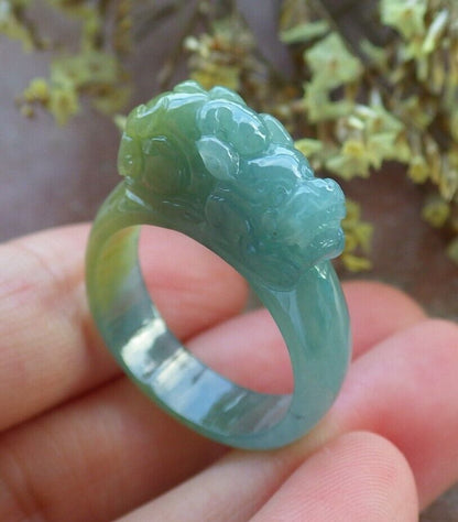 Certified Icy Green Yellow 100% Burma Natural A JADE Jadeite Dragon Pi Xiu RING USA. 8.75 风水貔貅戒指 523196 TN