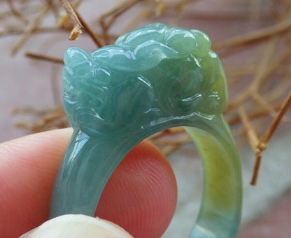Certified Icy Green Yellow 100% Burma Natural A JADE Jadeite Dragon Pi Xiu RING USA. 8.75 风水貔貅戒指 523196 TN