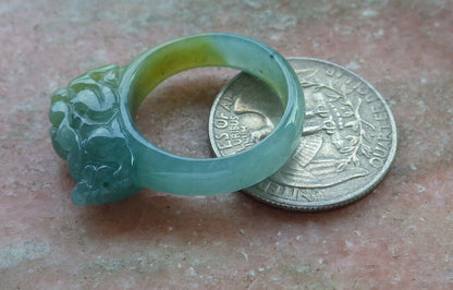 Certified Icy Green Yellow 100% Burma Natural A JADE Jadeite Dragon Pi Xiu RING USA. 8.75 风水貔貅戒指 523196 TN