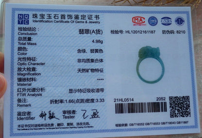 Certified Icy Green Yellow 100% Burma Natural A JADE Jadeite Dragon Pi Xiu RING USA. 8.75 风水貔貅戒指 523196 TN