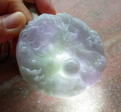 Certified Green Lavender 100% Burma Natural A Jade jadeite pendant Dragon Lotus Flower Ruyi Bead Necklace 生意兴隆 523220 TN