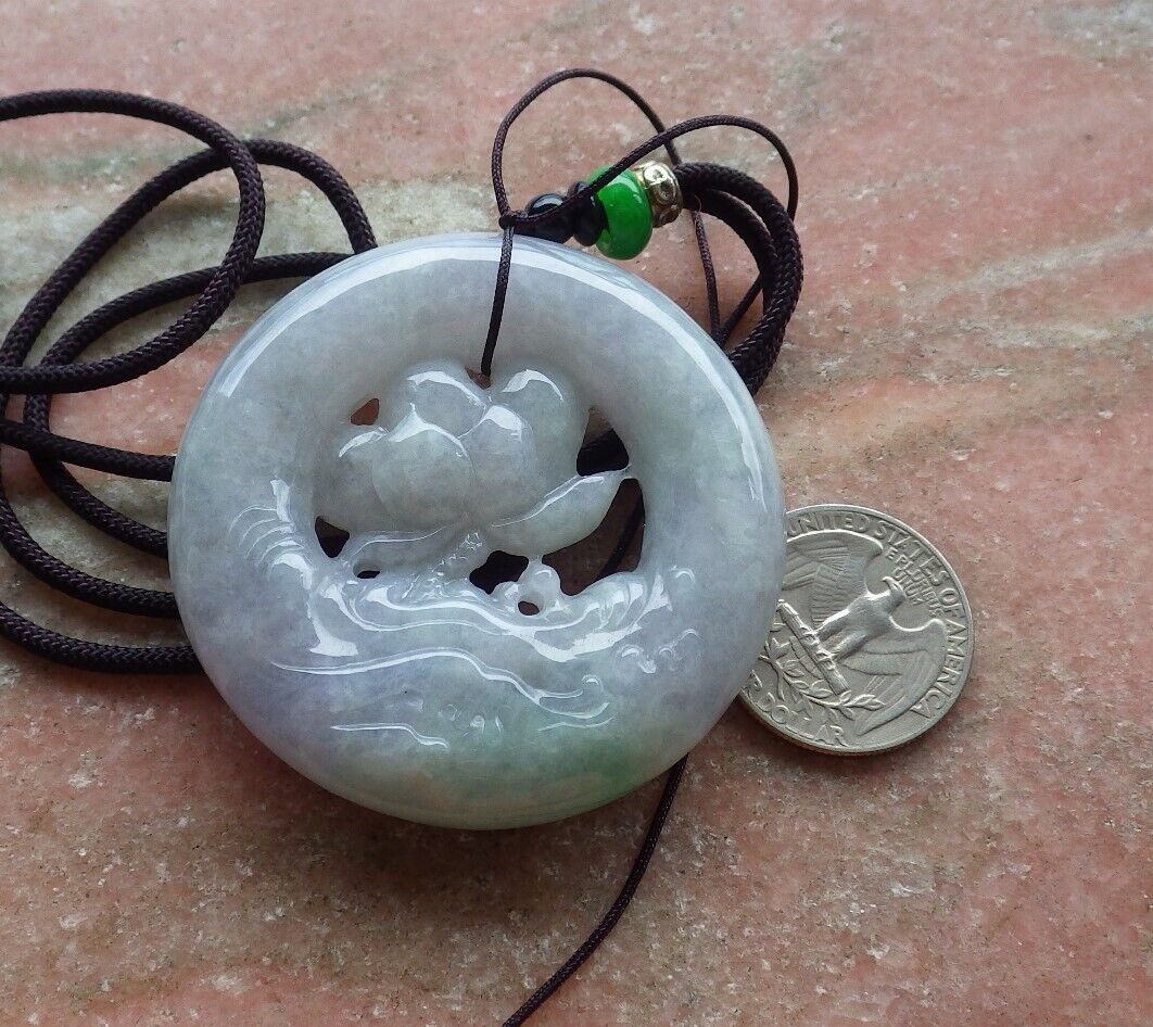 Certified Green Pale Lavender 100% Burma Natural A Jade jadeite Pendant Lotus Flower Circle Necklace 花平安扣 523228 TN