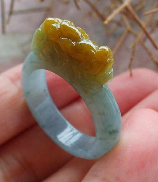 Certified Icy Yellow Green 100% Burma Natural A JADE Jadeite Dragon Pi Xiu RING USA. 9 戒指 523250 TN