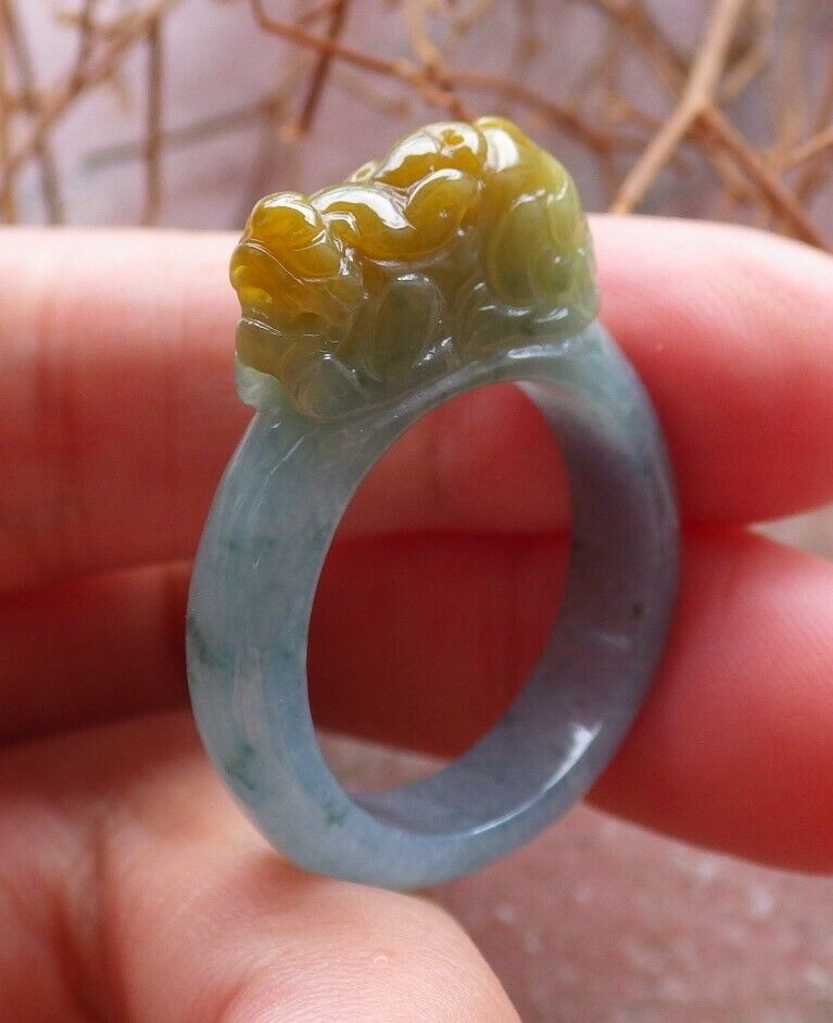 Certified Icy Yellow Green 100% Burma Natural A JADE Jadeite Dragon Pi Xiu RING USA. 9 戒指 523250 TN