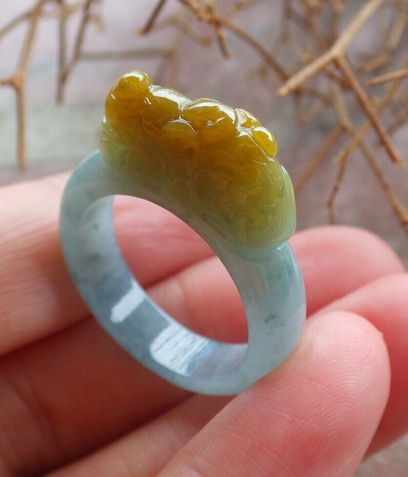 Certified Icy Yellow Green 100% Burma Natural A JADE Jadeite Dragon Pi Xiu RING USA. 9 戒指 523250 TN