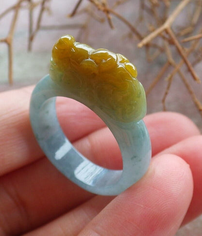 Certified Icy Yellow Green 100% Burma Natural A JADE Jadeite Dragon Pi Xiu RING USA. 9 戒指 523250 TN
