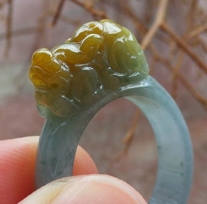 Certified Icy Yellow Green 100% Burma Natural A JADE Jadeite Dragon Pi Xiu RING USA. 9 戒指 523250 TN