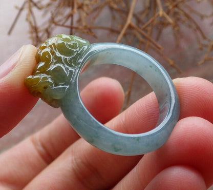 Certified Icy Yellow Green 100% Burma Natural A JADE Jadeite Dragon Pi Xiu RING USA. 9 戒指 523250 TN