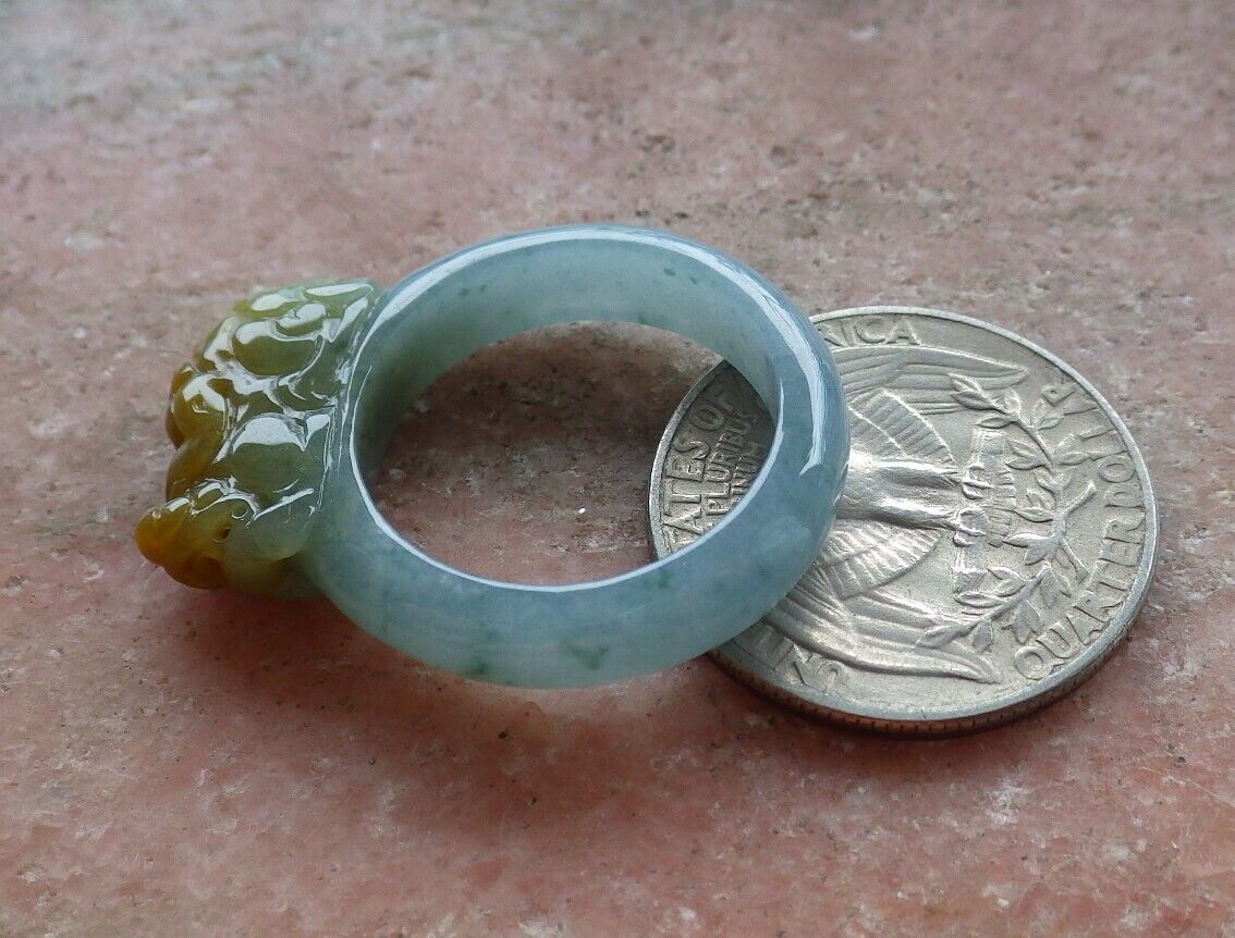 Certified Icy Yellow Green 100% Burma Natural A JADE Jadeite Dragon Pi Xiu RING USA. 9 戒指 523250 TN