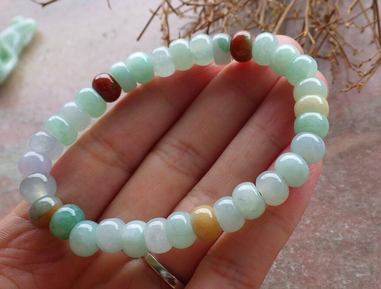 Certified Red Yellow Icy White Green 100% Natural A JADE Jadeite Bead Beads Bangle Circle Bead Beads Bangle Bracelet 平安扣手链 523270 ** It can adjust  7 inches  to  8 inches TN