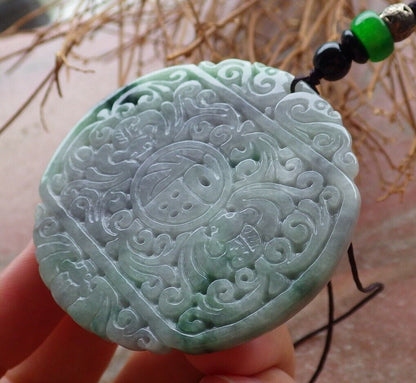 Certified Green Pale Lavender 100% Burma Natural A Jade jadeite Pendant Bat Dragon Flower Coin Ruyi * Fu * Necklace 龙蝙蝠花牌 523283 TN