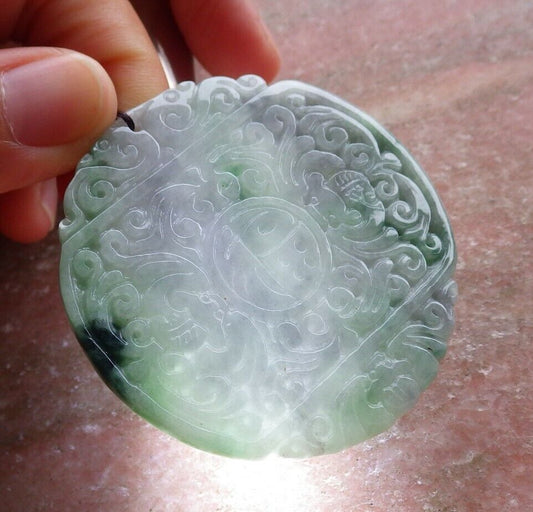 Certified Green Pale Lavender 100% Burma Natural A Jade jadeite Pendant Bat Dragon Flower Coin Ruyi * Fu * Necklace 龙蝙蝠花牌 523283 TN