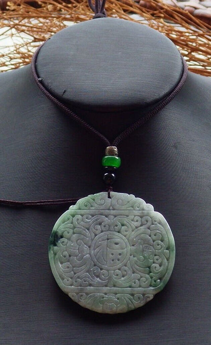 Certified Green Pale Lavender 100% Burma Natural A Jade jadeite Pendant Bat Dragon Flower Coin Ruyi * Fu * Necklace 龙蝙蝠花牌 523283 TN