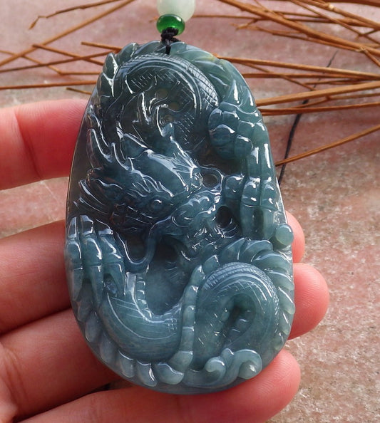 Certified Icy Blue Water Burma Natural A Jade jadeite Pendant Dragon 生意兴隆 585440 TN