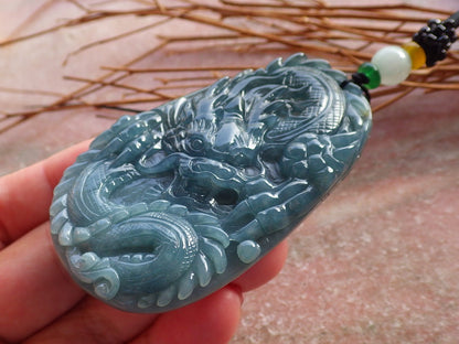 Certified Icy Blue Water Burma Natural A Jade jadeite Pendant Dragon 生意兴隆 585440 TN