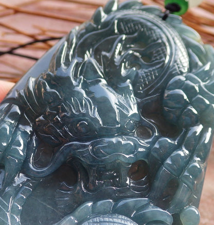 Certified Icy Blue Water Burma Natural A Jade jadeite Pendant Dragon 生意兴隆 585440 TN