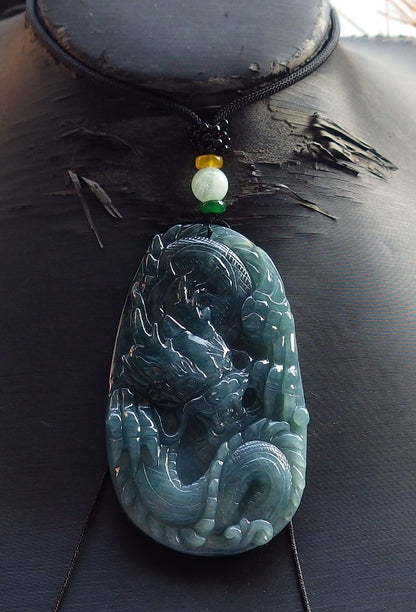 Certified Icy Blue Water Burma Natural A Jade jadeite Pendant Dragon 生意兴隆 585440 TN