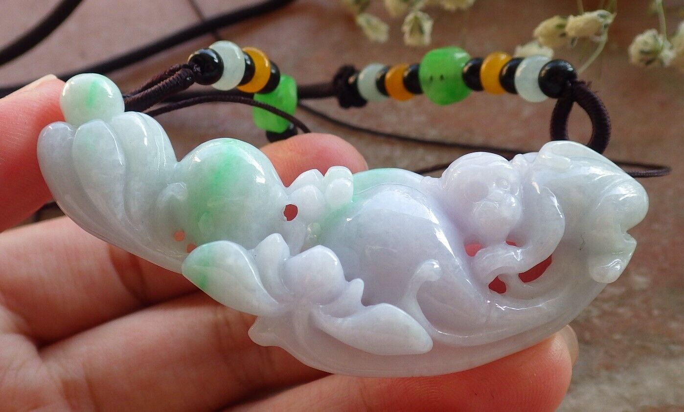 Certified Green Pale Lavender Burma 100% Natural A Jade jadeite Pendant Monkey Peach Lotus Flower Ruyi Coin Necklace 猴子 588160 GS