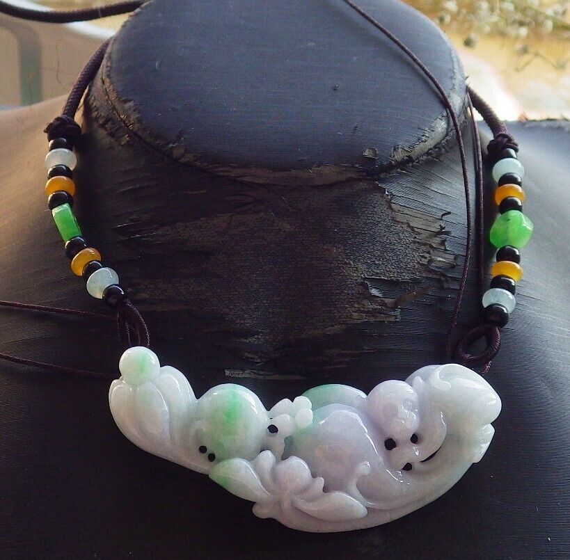 Certified Green Pale Lavender Burma 100% Natural A Jade jadeite Pendant Monkey Peach Lotus Flower Ruyi Coin Necklace 猴子 588160 GS